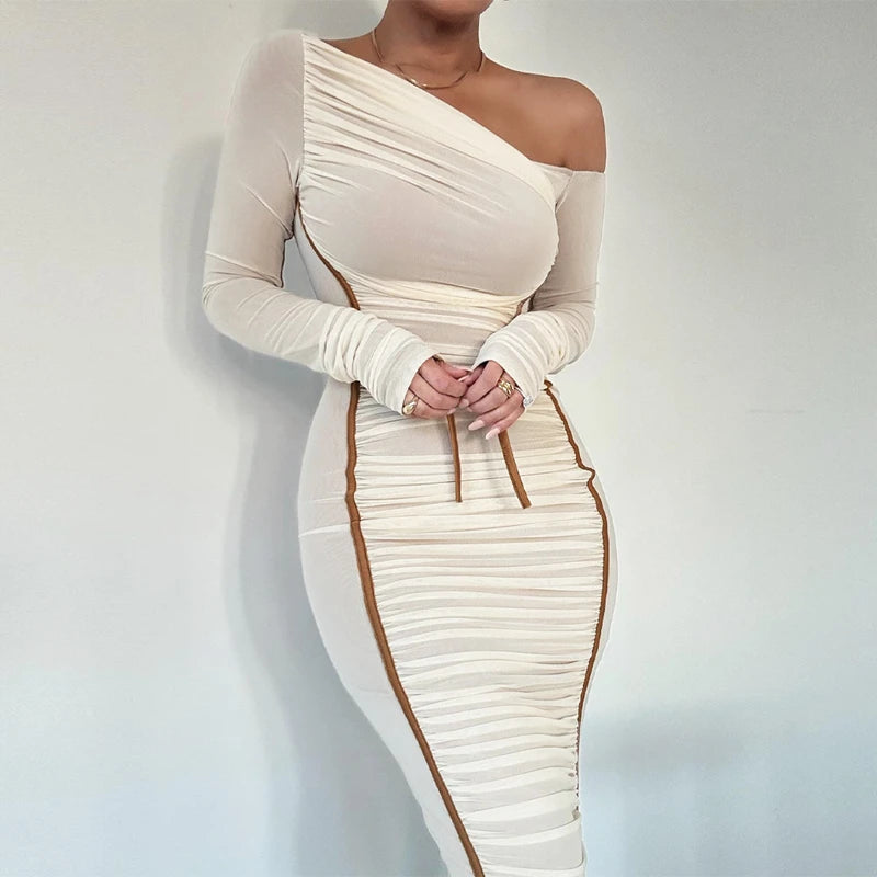 Hugcitar Mesh Solid Diagonal Collar Long Sleeve Draped Sexy See Through Bodycon Maxi Dress Summer Fashion Clothes Festival Club