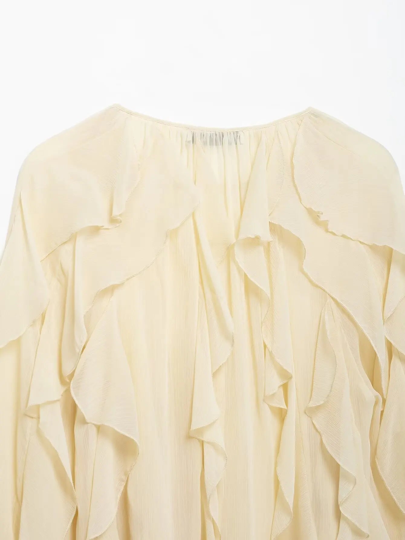 DUOPERI Women Fashion Solid Ruffled Blouse Vintage V-Neck Long Sleeves Female Chic Lady Shirts