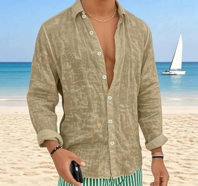 Breathable and Comfortable Pure Cotton Long Sleeved Shirt Summer Thin Cut Lapel Solid Color Versatile Beach Shirt