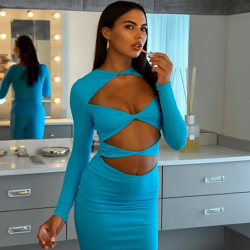 DGLUKE Sexy Cut Out Long Dresses For Women O-Neck Long Sleeve Bodycon Maxi Dress Elegant Going Out Party Dress Black