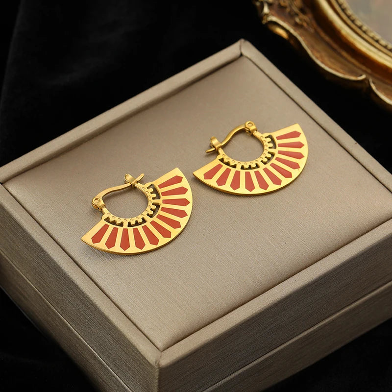 Brincos de argola EILIECK 316L em aço inoxidável dourado, formato de leque, geométrico, estilo boêmio, para mulheres, pingente de orelha, joia, presente para festa