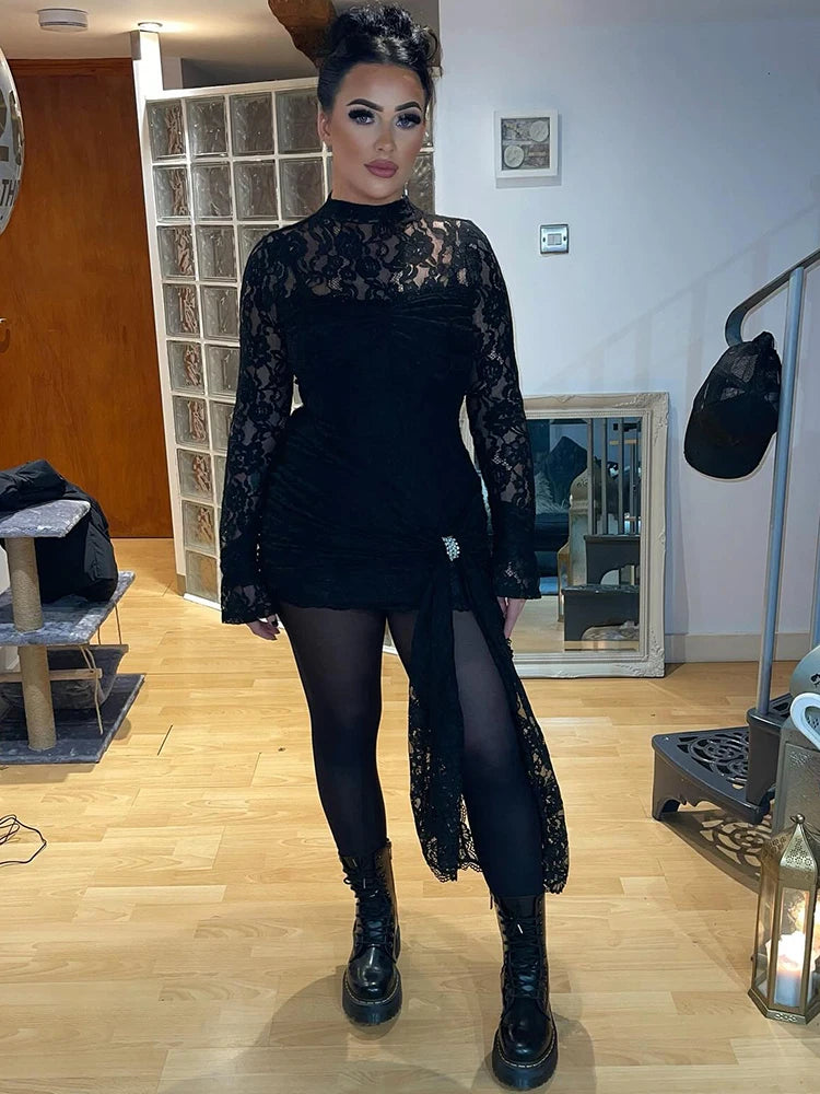 Fantoye Sexy See Through Lace Bandage Women Dress Black Long Sleeve Print Floral Dress Female Winter Slim Elegant Party Dresses