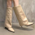Botas de couro chunky de salto alto femininas, bico fino, estilo Chelsea, novas bombas femininas, botas gladiadoras para neve