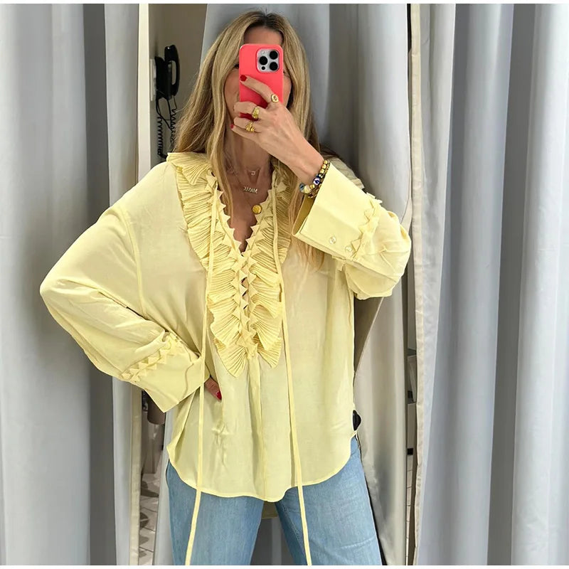 Blusa de chiffon com babados e manga comprida, blusa feminina casual solta, gola V, manga comprida, blusa de rua, primavera/verão 2025