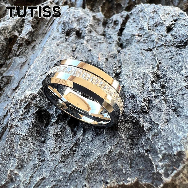 TUTISS 8mm CZ Stone Inlay Beveled Edges Black Tungsten Ring for Men Women Eternity Fashion Engagement Wedding Band - CRAVO ROSE