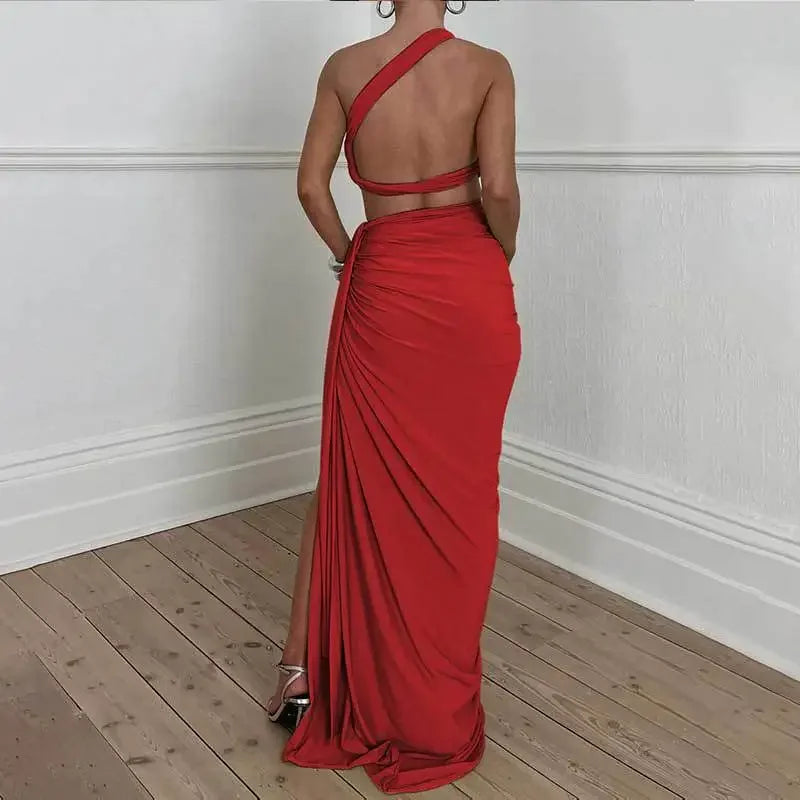 Conjunto Cor Sólida Sexy Sem Mangas Um Ombro Colete Dividido Saia Longa Terno