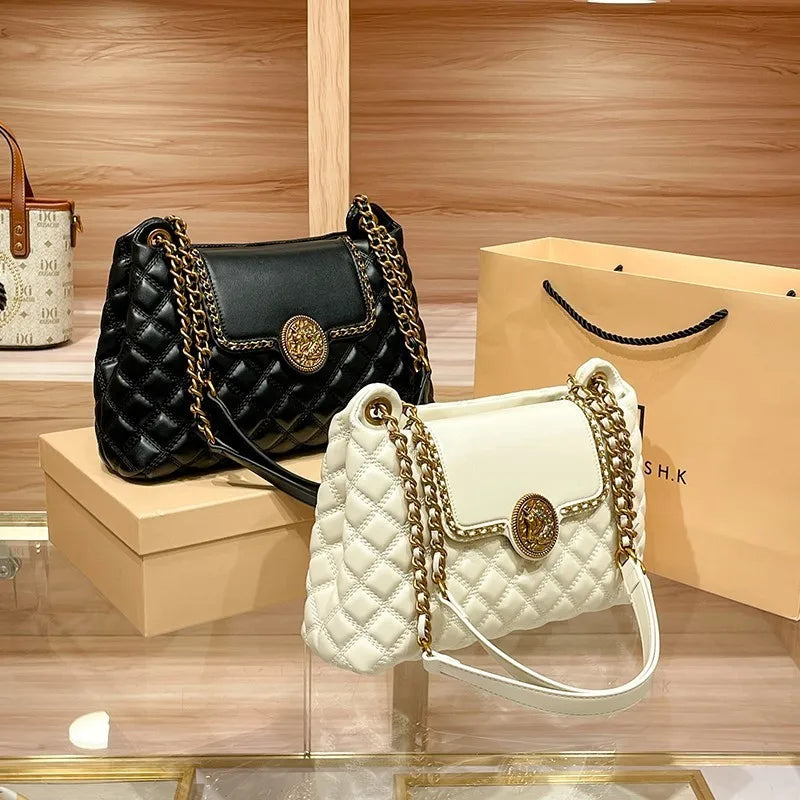 Bolsa de corrente de couro genuíno de marca para mulheres em 2025, novo designer com um senso de luxo, bolsa de ombro nas axilas de grande capacidade - CRAVO ROSE