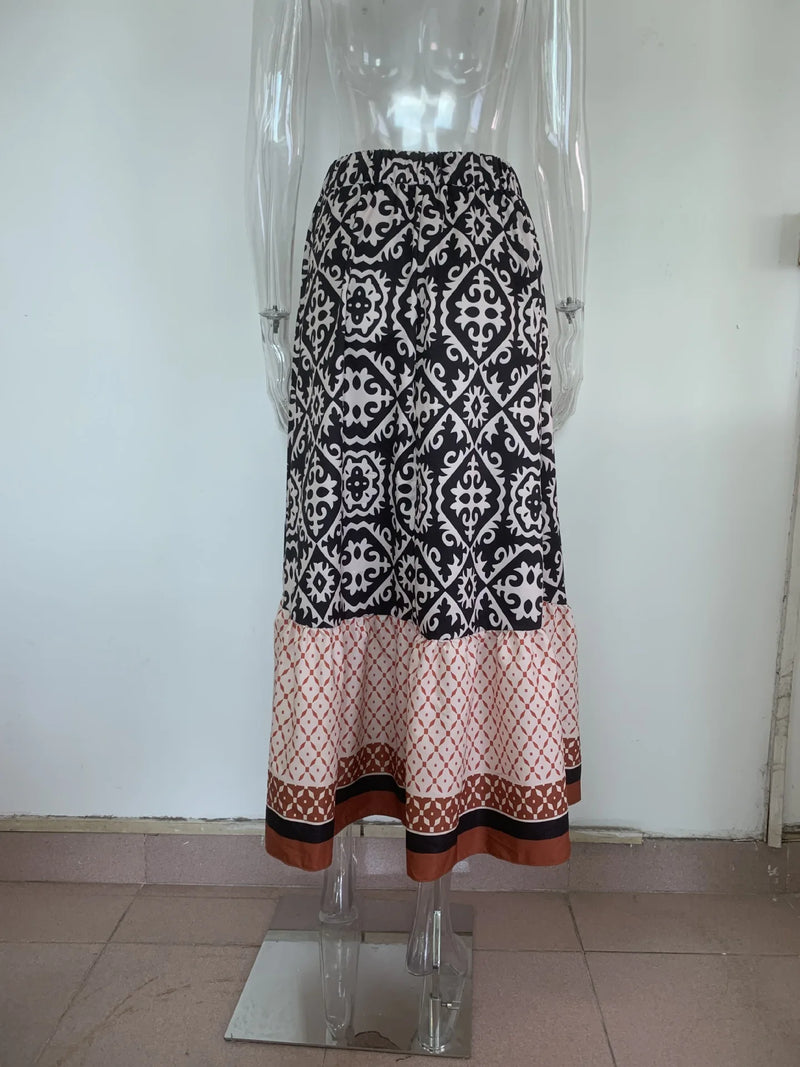Saia maxi estampa boho feminina moda cintura alta impressão 3D vestido longo casual solto verão saias de cintura alta