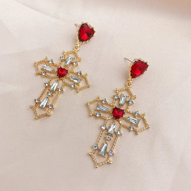 Vintage Red Heart Crystal Earrings For Women Cross Pendant Rhinestone Dangle Earring Jewelry Party Anniversary Gift Pendientes