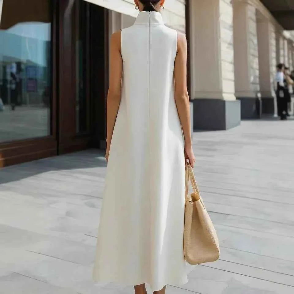 2026  Europe & America Cross-Border New Elegant Commuter Stand Collar Single Button Solid Color Sleeveless Vest Dress