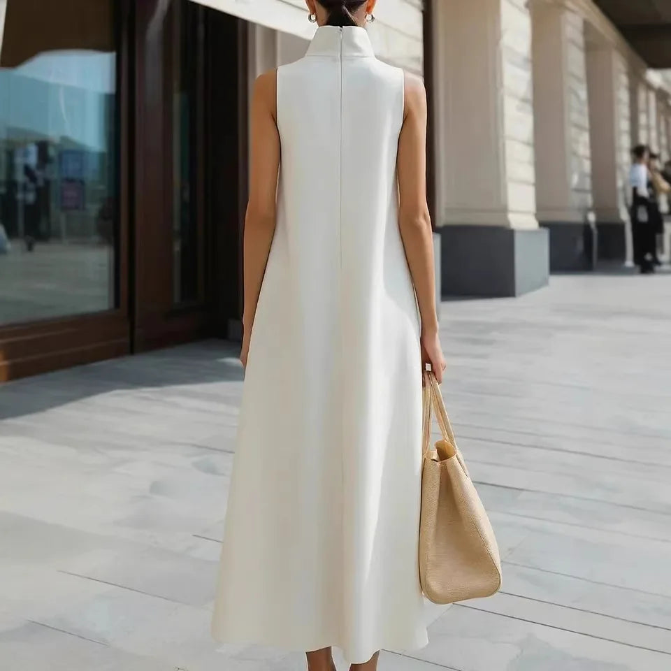 2026  Europe & America Cross-Border New Elegant Commuter Stand Collar Single Button Solid Color Sleeveless Vest Dress