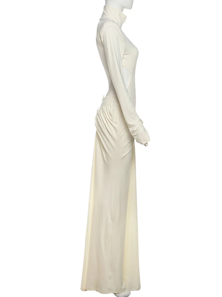 Weird Puss Backless Maxi Dress Women Shoulder Pads Long Sleeve Waistless Peach Buttocks Ruched Elegant Banquet Skinny Vestidos