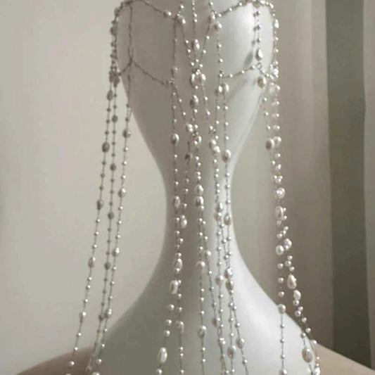 Princess Imitation Pearl Mesh Headpiece Wedding Wig Accessories Elegant Round Rhinestone Tassel Hair Chain Band Prom for Women