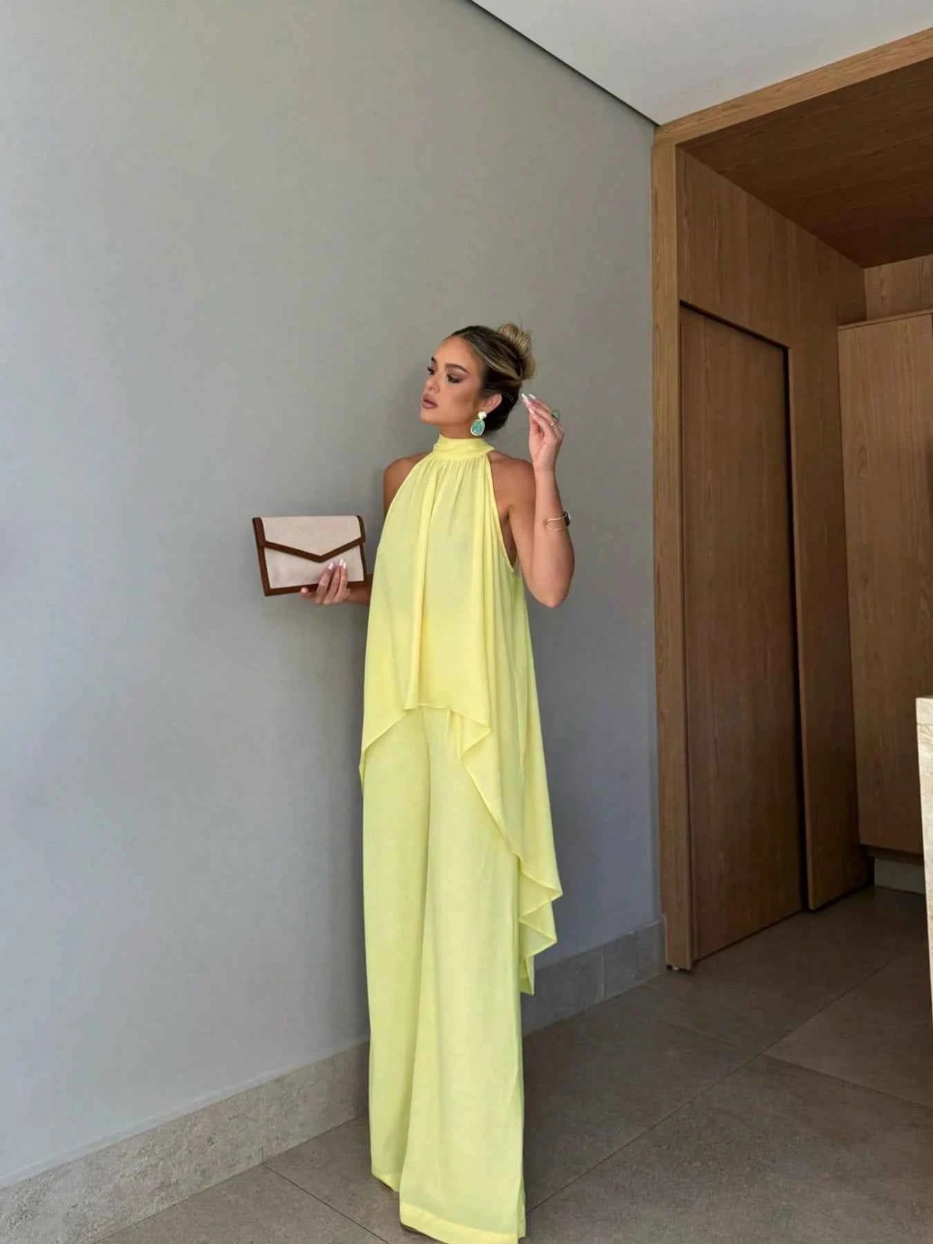 Ladies Elegant Chiffon Solid Color Semi-Transparent Top Bottoms Set Fashionable Translucent Outfit for Women