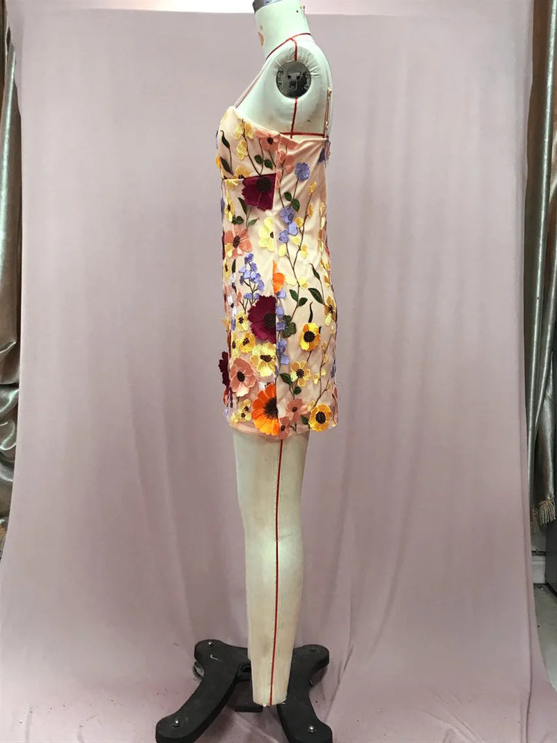 Elegant Temperament, lady Flower Mesh Splicing, Heavy-duty Embroidery, Suspender Dress,woman  Short Skirt, Lace,girl Slimming
