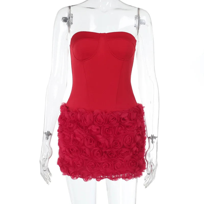 Vestido tubinho com textura floral 3D Gtpdpllt, lindo vestido vermelho sem alças, costas nuas, corpete, minivestido para mulheres, trajes de festa sensuais