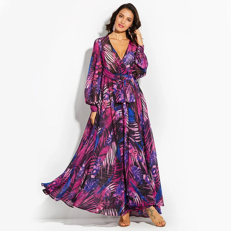 Women's 2024 Autumn New Lantern Sleeves Sexy Deep V Fashion Printed Dress Green Leaf Strap Waist Ankle Long Dress