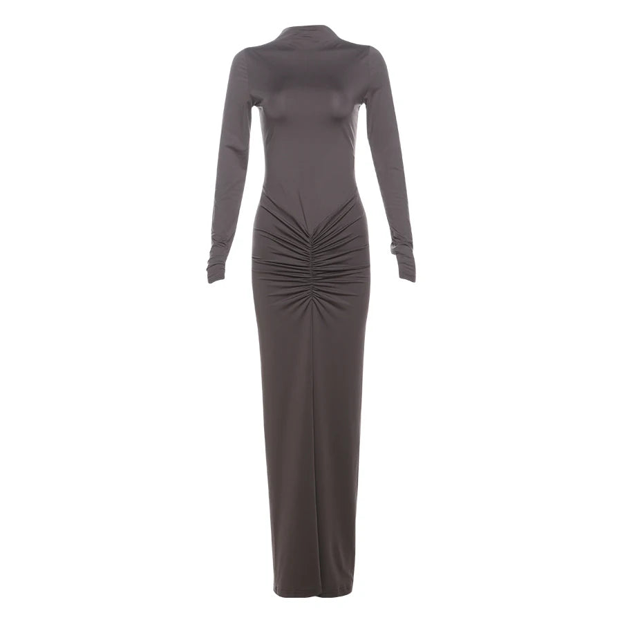 Weird Puss Hipster Ruched Dress Women o-NeckFull Sleeve  Skinny Stretch Robe Autumn Trend Simple Classic Pleats Long Bodycon