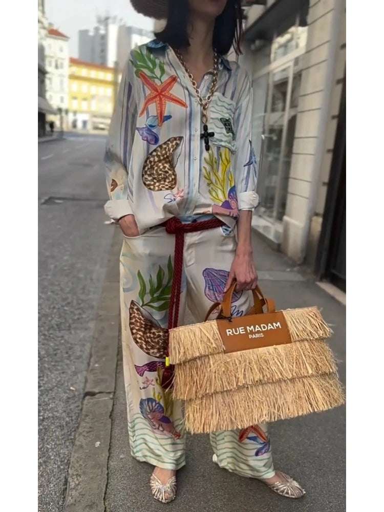 Bohemia Satin Print Loose Pants Sets Women Causal Long Sleeve Shirts Two Piece Sets Female Beach Summer Outfits Streetwear