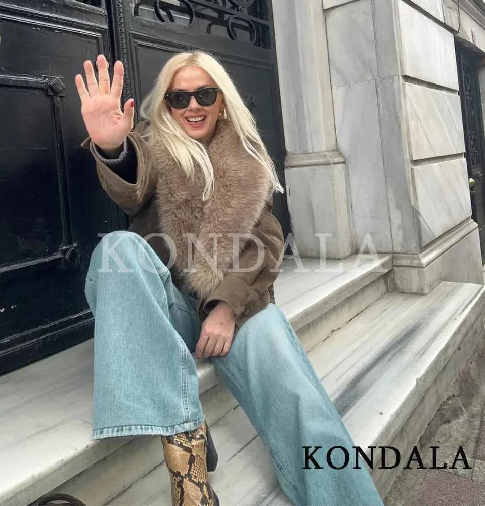 KONDALA Trendy Vintage Fur Collar Jacket Coat Women Elegant Double-breasted Suede Jacket 2026 Fall Winter High Street Jacket