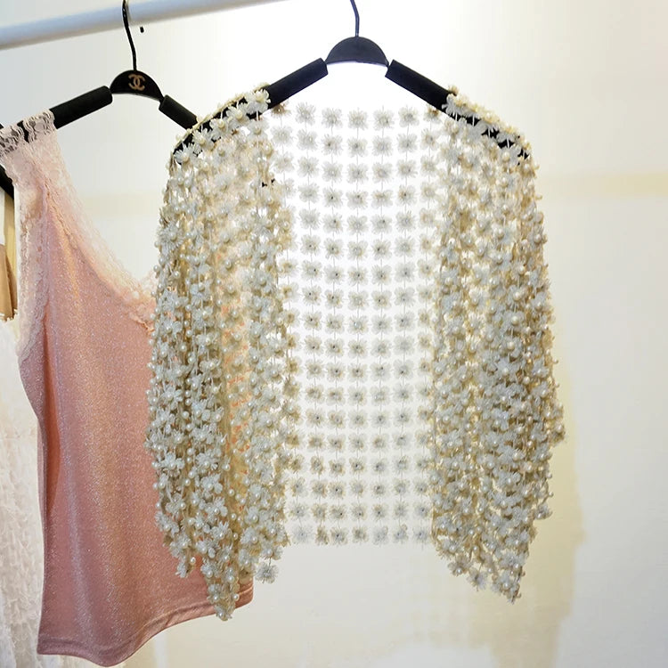 Women Beads Coat 2025 Summer Style Women Perspective Shawl Fashion Hollow Out Lace Boleros Short Sleeve Coats Jackets Femal