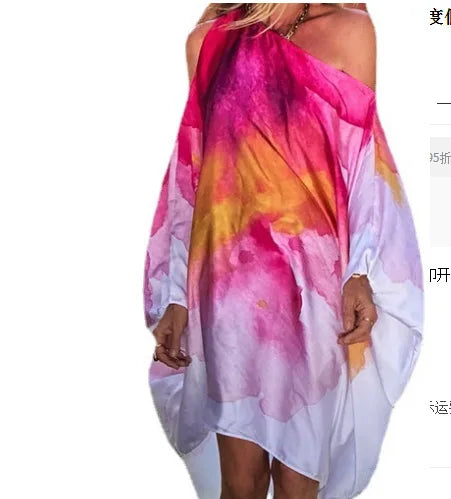 Printed Dresses Women 2025 Summer New Sloping Shoulders Loose Casual Beach Vacation Irregular Dress Fashion Beachwear Vestidos