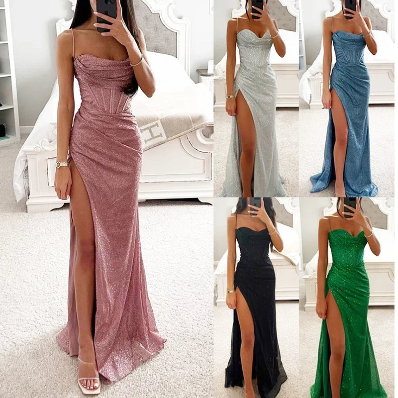 2024 Fashion Women Elegant Strap Sleeveless Sequined Slim Sexy Split Evening Party Long Dress Party Fashion Camisole Dress - CRAVO ROSE