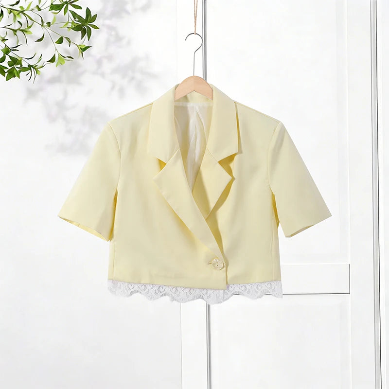 Fashion Lace Insert Two-Piece Suit Women Lapel Short Sleeve Cropped Blazer Mini Culottes 2026 Summer New Lady Office Party Wear