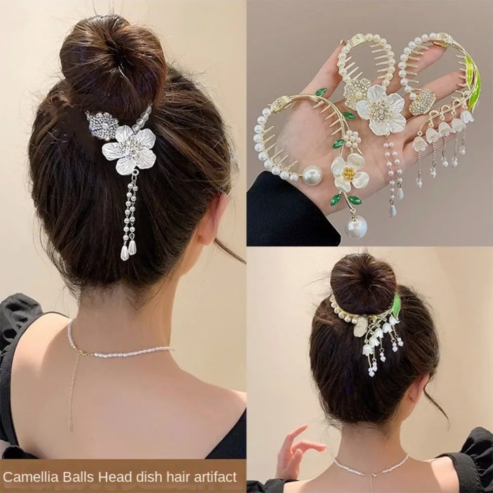 Chinese Style Flower Tassel Hair Bun Buckle High Ponytail Buckle Pearl Chain Pan Hair Claw Clip Fashion Lovely Alloy Headwear