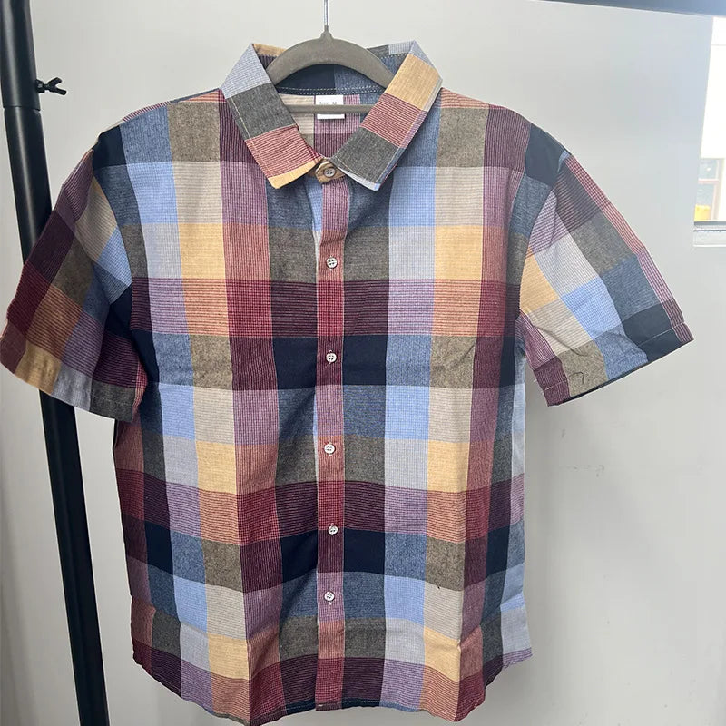 2024 Cross Border Amazon Summer New Plaid Shirt Summer Men's Short Sleeve Lapel Youth Casual Short Sleeve Men's Shirt