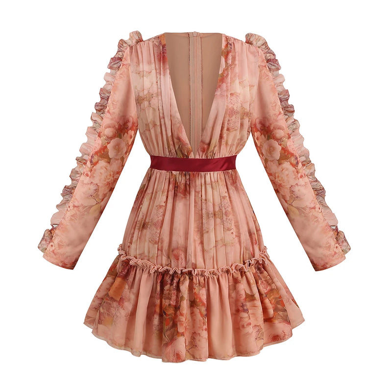 2022 New Printing Fashion Dress Women Sexy V Neck Long Sleeve Spring Autumn Elegant Party Dress