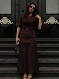 Vestido longo elegante com decote redondo e manga curta, moda feminina, liso, plissado, gaze, patchwork, 2025, novo, para escritório