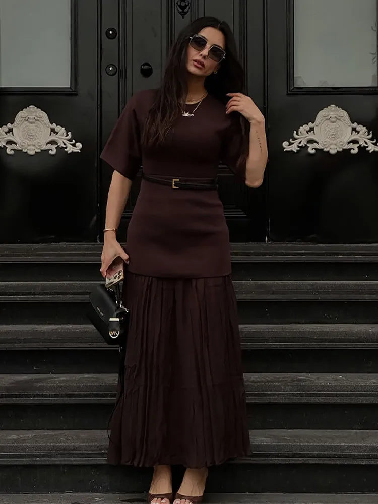 Vestido longo elegante com decote redondo e manga curta, moda feminina, liso, plissado, gaze, patchwork, 2025, novo, para escritório