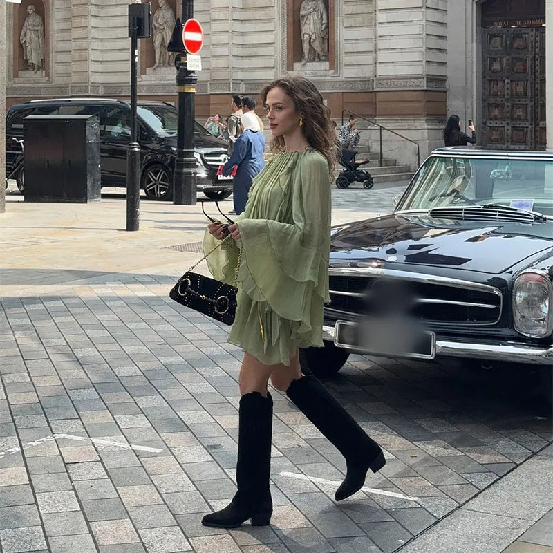 Elegant Women Green Irregular Ruffles Loose Mini Dress Fashion O Neck Full Sleeve Short Vestidos Spring Summer Chic Lady Dresses