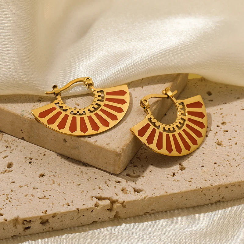 Brincos de argola EILIECK 316L em aço inoxidável dourado, formato de leque, geométrico, estilo boêmio, para mulheres, pingente de orelha, joia, presente para festa