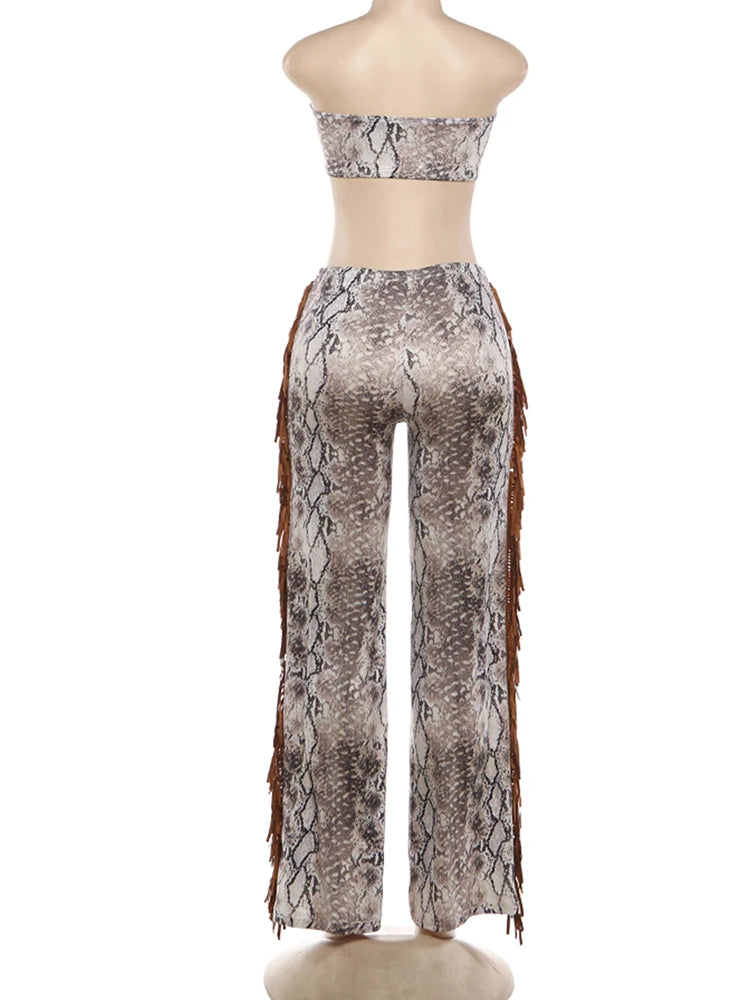 Weird Puss Side Tassel 2 Piece Set Women Tracksuit Mini Strapless+Straight Pants Matching Stretch Street Cool Hipster Outfits