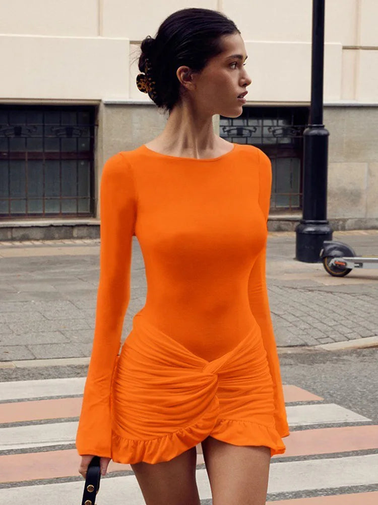 Tossy Ruffled Twist Skinny MIni Dress Women's Long Sleeve Patchwork High Waist Sexy Fashion Party Dress Female Y2k Bodycon Dress