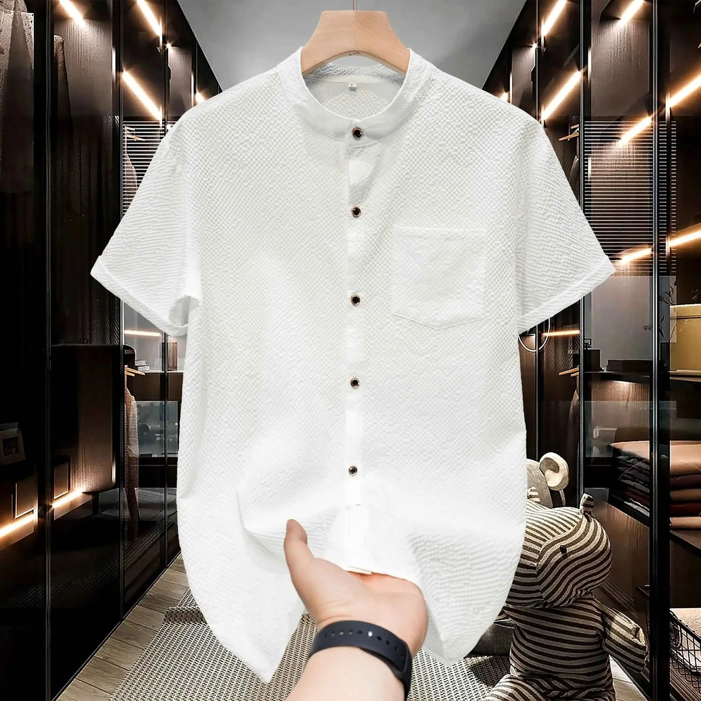 M-5XL Summer Men's Shirt Short Sleeved with Bubble Gauze Textured Fabric Thin Quick Drying Stand Up Collar Short Sleeved Shirt