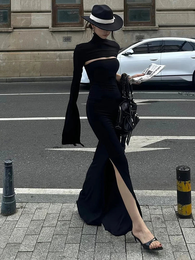 Nibber Fashion Chic 2-Piece Set Women Strapless Split Maxi Dress+Super Short Half-Sleeve Turtleneck Top Matching Elegant Outfits