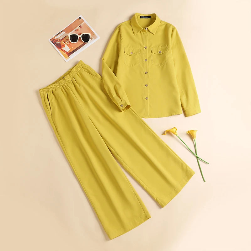 Women Elegant Lapel Neck Long Sleeve Shirt Pants Sets 2PCS Fashion Autumn Outifits Solid Work Trousers Suits Tracksuit