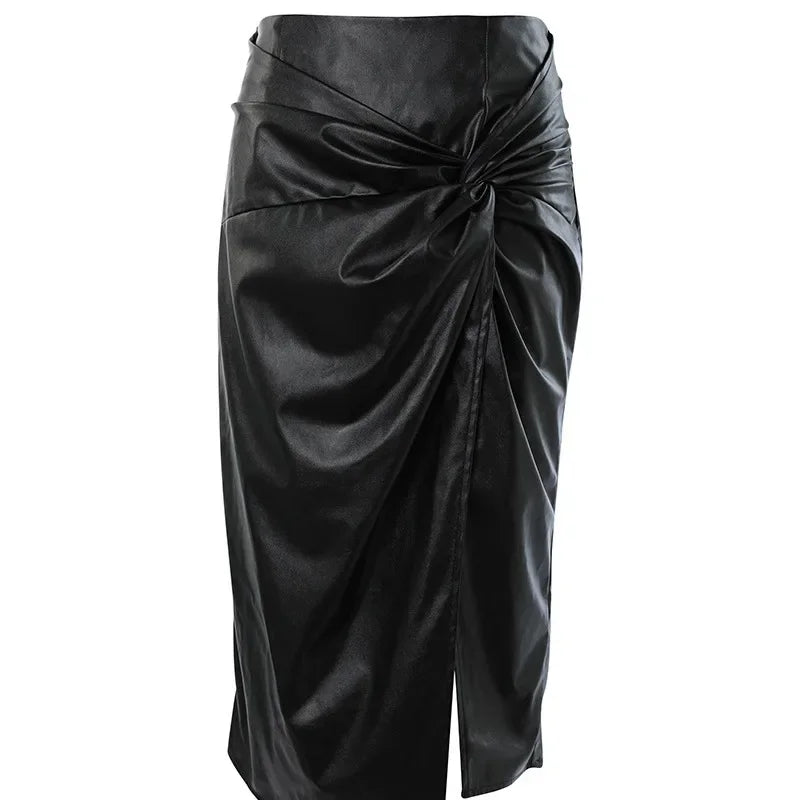 Fashion Womens Skirts 2023 Black Twist Asymmetric PU Half Skirt for Women