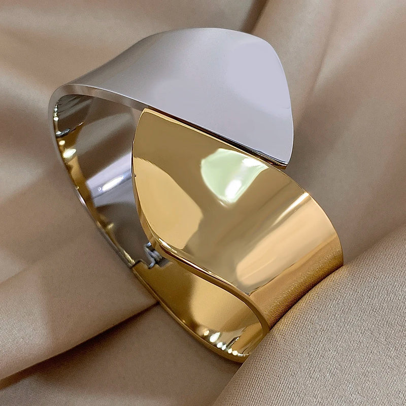 Chunky Wide Embrace Bracelet Bangle Stainless Steel Opening Gold Color Braceletsfor Women Waterproo Cuff Wristband Jewelry Gifts