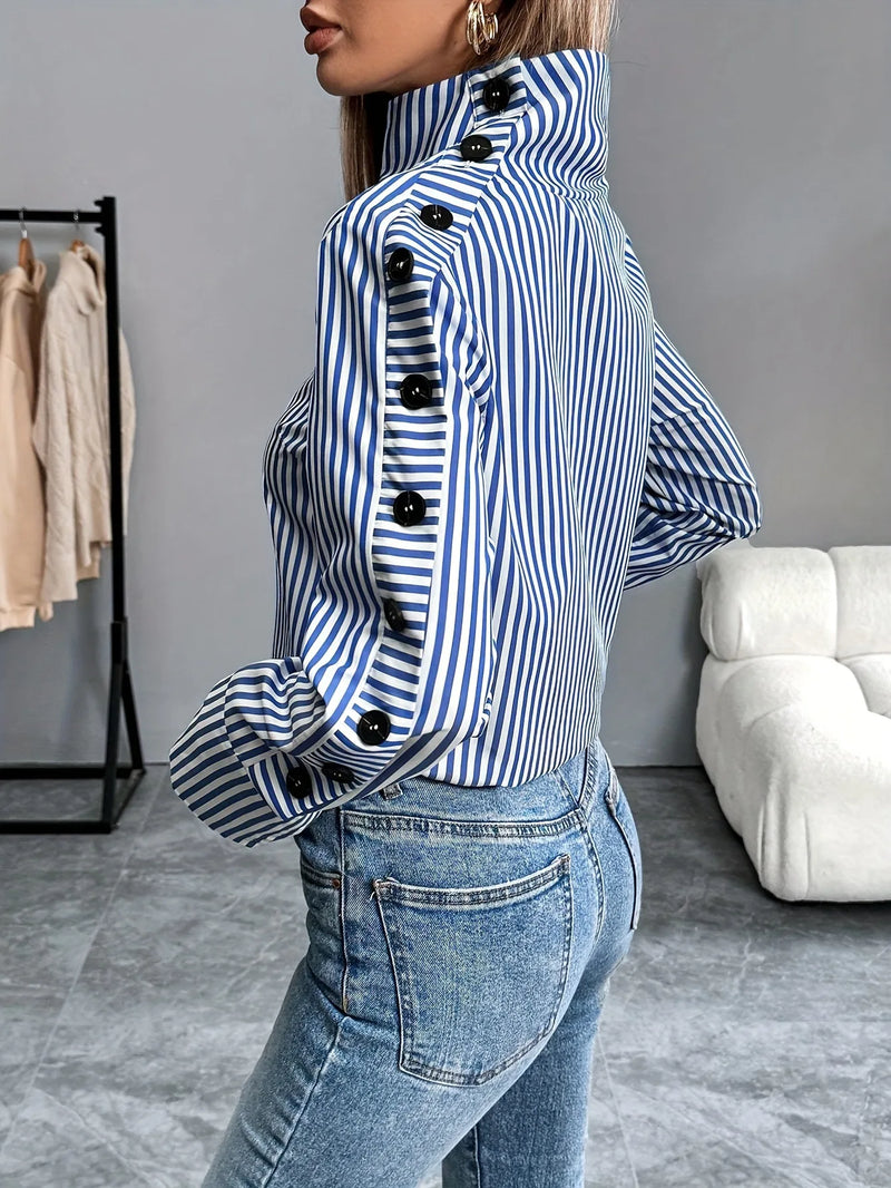 Women's shirts 2025 spring new long-sleeved women turtleneck striped shirt tops elegant office ladies patchwork button pullover