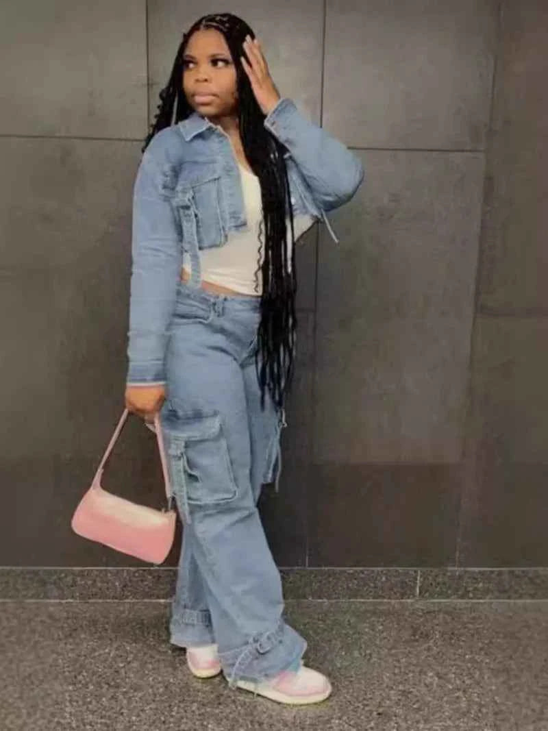 Street Denim 2 Piece Sets Women Outfit Autumn Clothes Women Jean Cropped Jacket Straight Jeans Pant Sets Safari Style Woman Sets