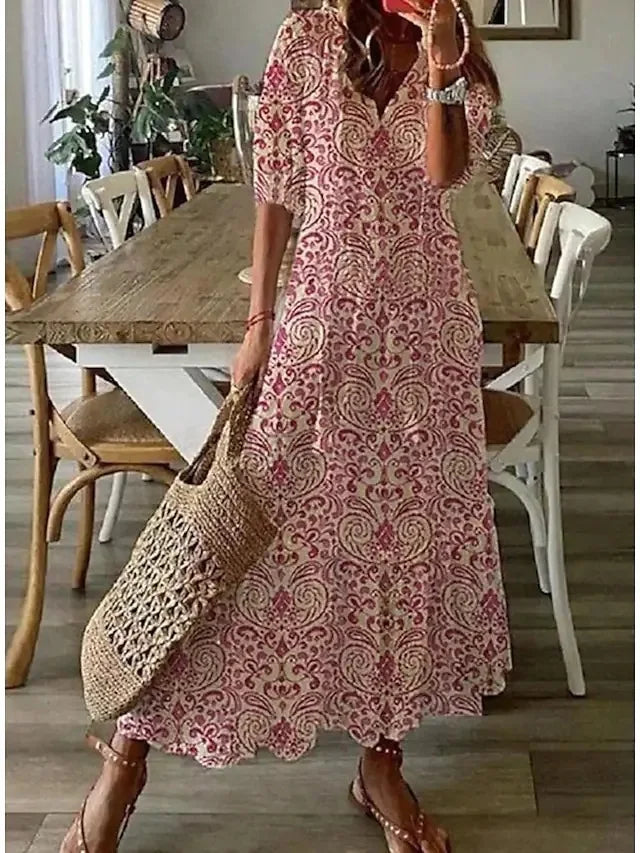 Women's 2024 Spring Summer New Casual Sweet Loose Sexy V-neck Fashion Printed Hanging Beard Middle Sleeve Long Dress For Women
