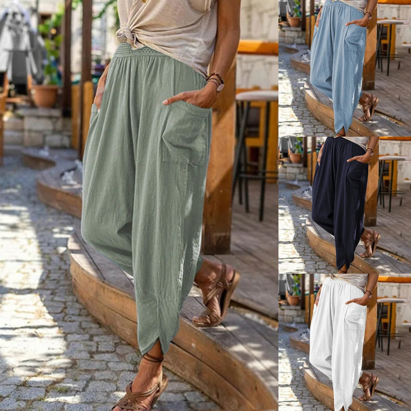 Calças femininas de praia, primavera verão, vintage, boho, algodão, linho, cintura alta, lisas, soltas, bolsos, calças casuais