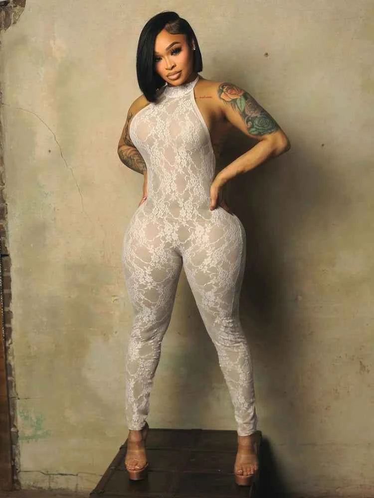 Weird Puss See through Backless Jumpsuit Women Sexy Wild Jacquard Bandages Halter Sleeveless Stretch High Street Party Clubwear