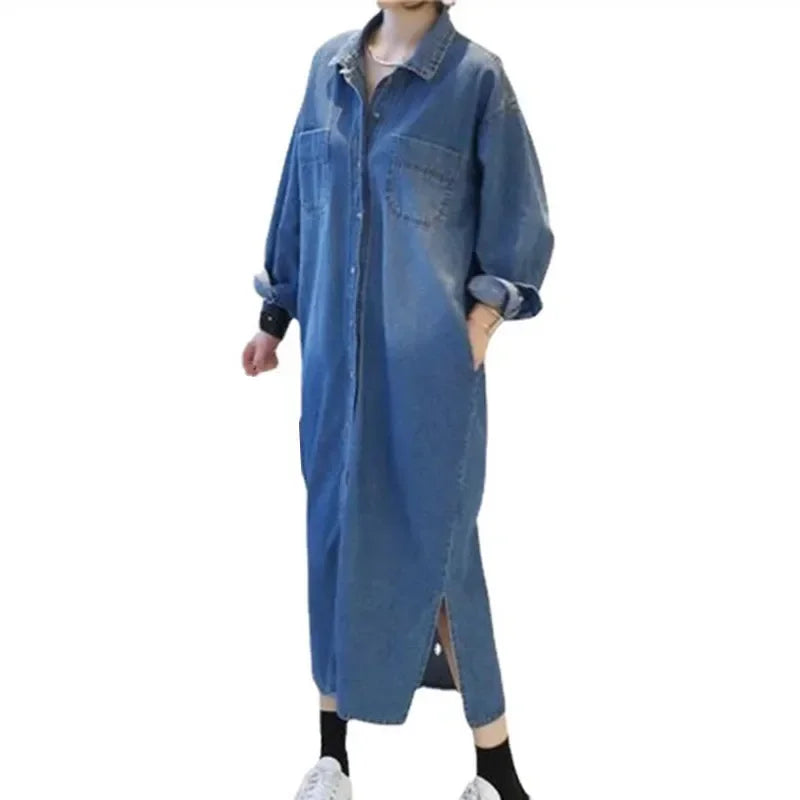 New Spring Denim Dress Women Clothing Loose Long Sleeve Shirt Dress Female Vintage Single-breasted Maxi Denim Dresses Q5664