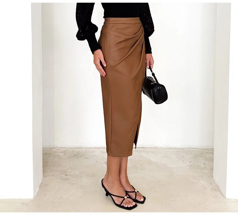 Women Midi Leather Skirt Sexy Split High Waist Zipper PU Front Slit Skirts Ladies Black Faux Leather Folded Skirt For Women
