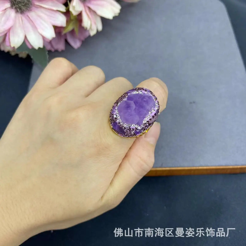 Natural Brazilian amethyst rough stone copper plated real gold color retention ring adjustable popular natural stone jewelry